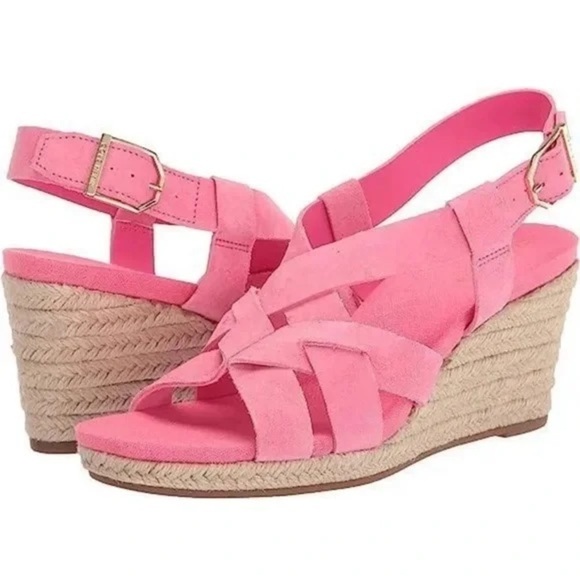 New Cole Haan Crystal Wedge Fuchsia Pink Strappy Sandals Barbie Summer Sz 8.5 - Picture 1 of 16